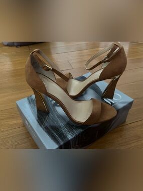 Jennifer Lopez Taupe Suede Ankle-Strap Block Heels